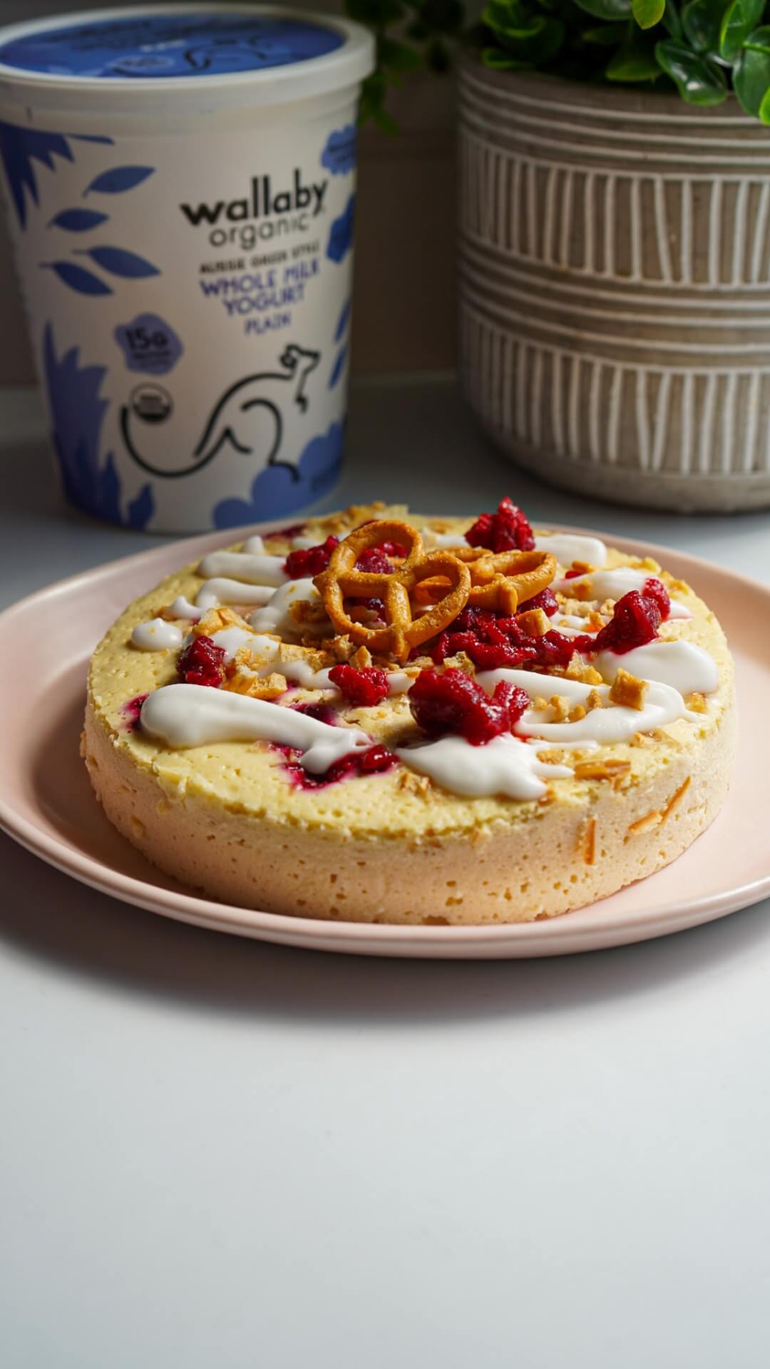 Raspberry Pretzel Protein Cheesecake